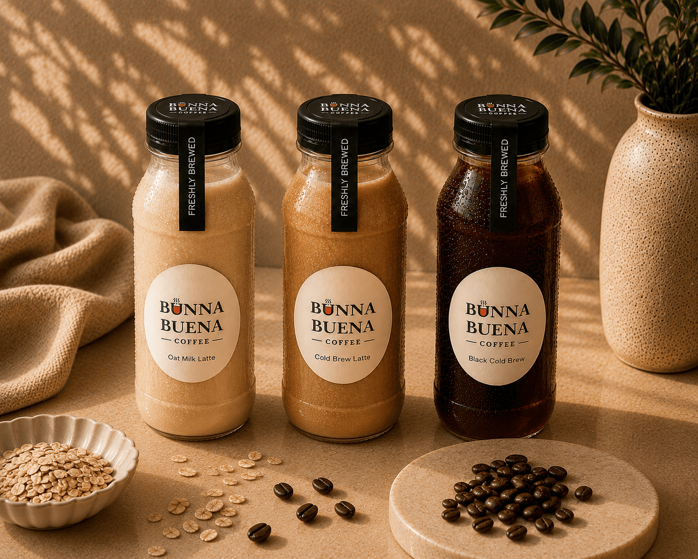 Bunna Buena cold brew range — Oat Milk Latte, Cold Brew Latte, and Black Cold Brew bottles