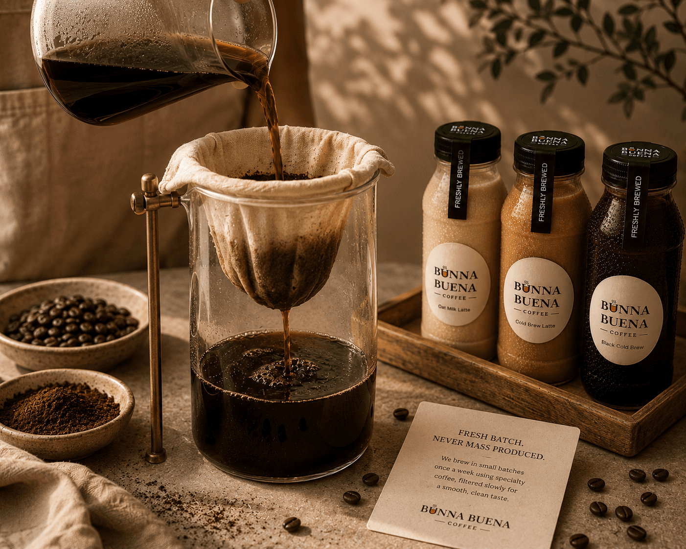Small-batch cold brew being filtered by hand, with three bottled varieties nearby